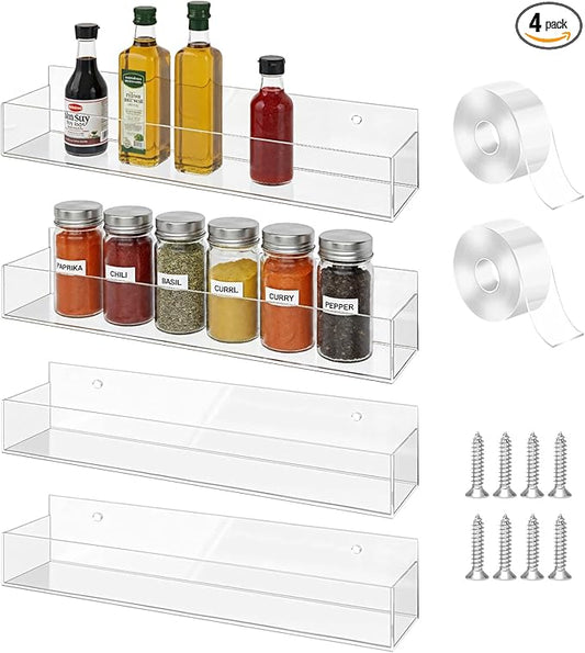 4 Pcs Clear Acrylic Spice Rack Wall Mount, Hanging Adhesive Spice Organizer for Kitchen Pantry, Storage Shelves, Space Saving Design