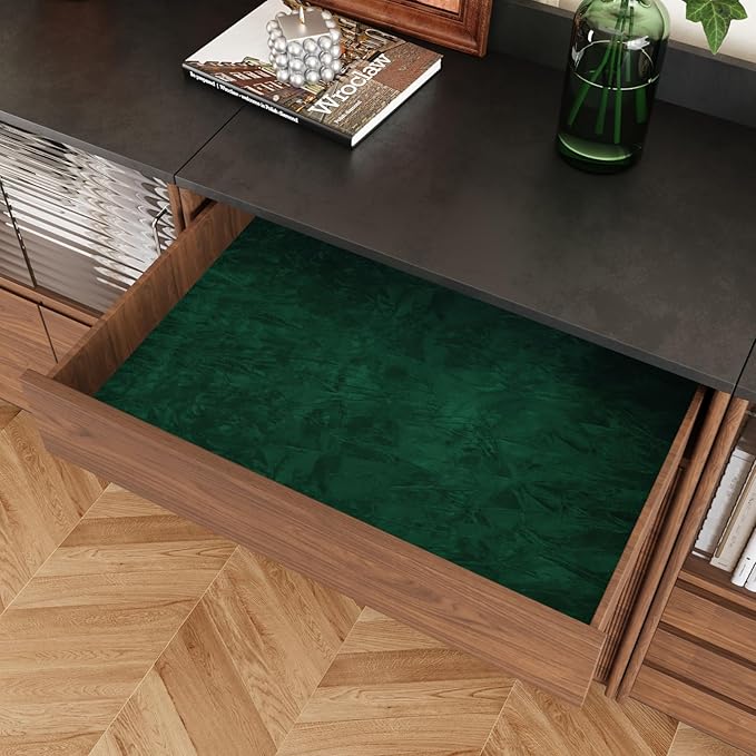 CRE8TIVE Green Felt Drawer Liner for Jewelry Box Self Adhesive Crinkle Crushed Velvet Contact Paper Flocking Liner for Drawers 12"x80" Luxury Fabric Green Wallpaper for Girls Room Displays DIY Crafts