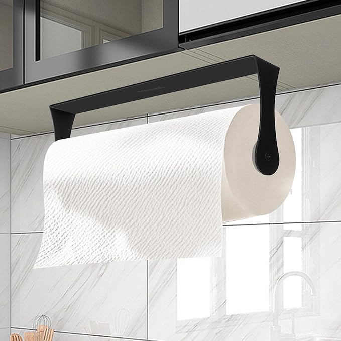 Under Cabinet Paper Towel Holder, Stainless Steel Paper Towel Holder – Wall Mount or Under Cabinet Mount Paper Roll Holder for Kitchen & Bathroom (Black)