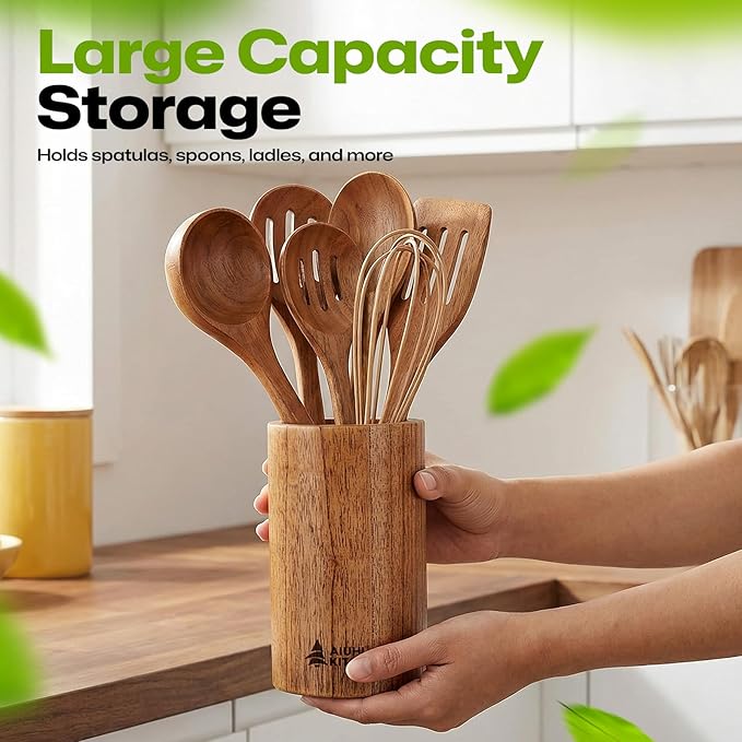 AIUHI Wood Utensil Holder for Kitchen Counter, Wooden Utensil Crock, Kitchen Utensil Organizer, 5.9"x 3.5" Large Spatula and Spoon Holders