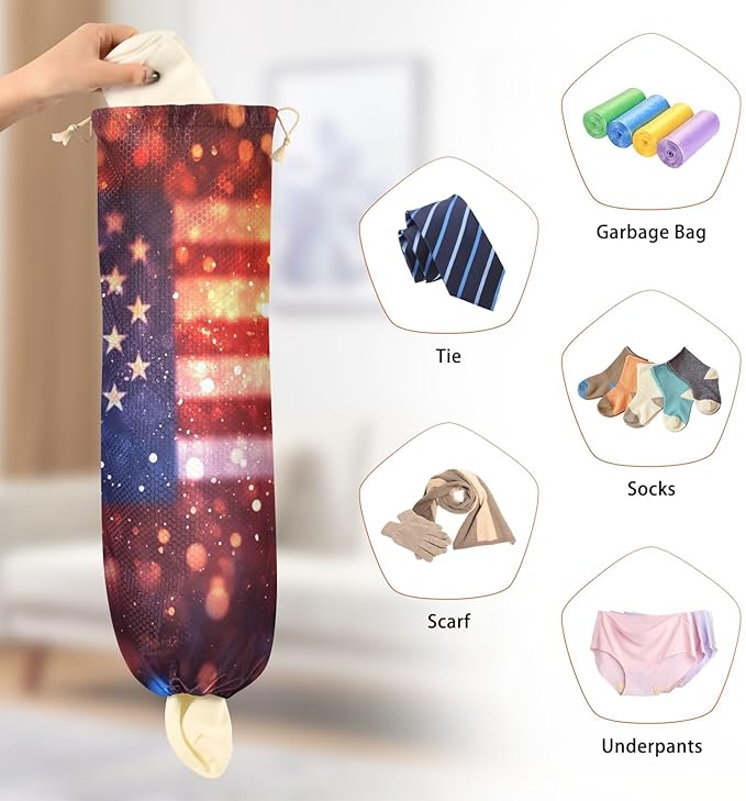 Plastic Bag Holder Wall Mount Grocery Bag Shopping Bag Storage Holder Organizer Dispenser with Adhesive Hook,for Kitchen Bathroom Home Decor 9x22 Inches July 4th Abstract Blurry Flag Red37