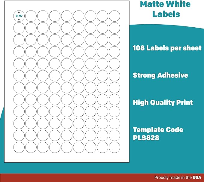 Premium Label Supply White Sticker Round Labels – 0.75" Circle – Laser/Inkjet Compatible – (108 per Sheet), 25 Sheets – 2,700 Total Adhesive Labels