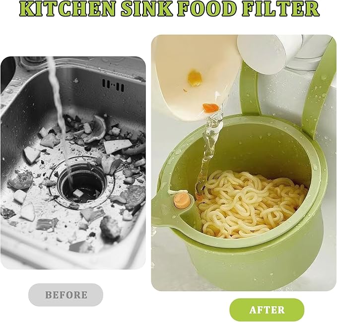 Sink Strainer Basket with One-Touch Drain Mesh, Snap-On Strap & Detachable Design – Kitchen Sink Food Scrap Filtering Storage Organizer (Green)