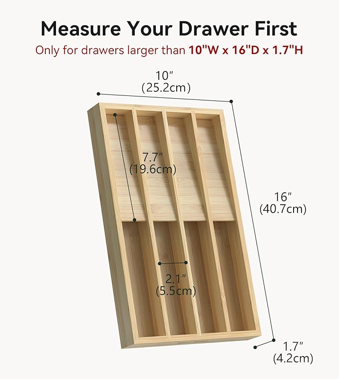 Silverware Organizer, Utensil Drawer Organizer & Cutlery Tray Dividers for Spoons Forks Knives (8 Slot,Natural Bamboo), 16”Dx10”Wx1.7”H