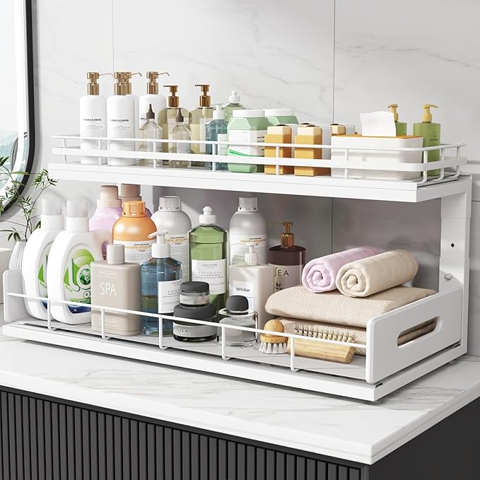 2 Pack 21 IN Depth Pull Out Cabinet Storage With Smooth Rails,2-Tier Dual Pull Out Cabinet Storage For Bathroom Kitchen,Under Sink Shelf-White