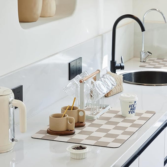 Checkered Dish Drying Mat for Kitchen Counter, Coffee Bar Station Accessories, Retro Cute Aesthetic Modern Absorbent Drainer Mat Kitchen Drying Mat Easy Clean, Khaki 12" x 19"