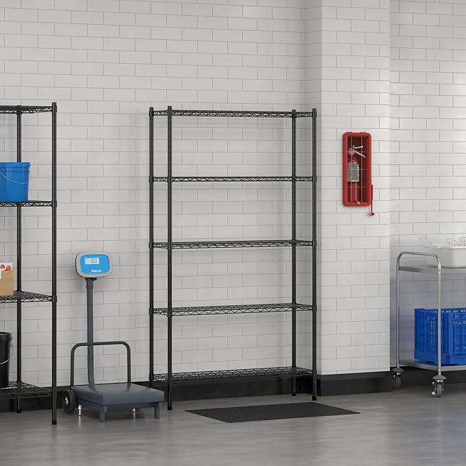 Commercial NSF Listed Black Epoxy Stationary Wire Shelving Kit 12" x 42" x 74", with 5 Shelves Perfect for Warehouse, Walk-in Refrigerator, Freezer, Grocery Store, Restaurant, Dishroom