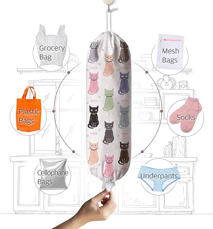 Cat Grocery Bag Storage Holder,Grocery Shopping Bags Carrier,Plastic Bags Organizer for Kitchen,Cute Cat Home Kitchen Decor Gifts for Women 23"x9"