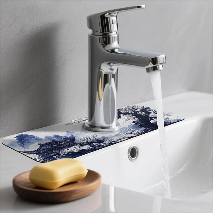 Kitchen Sink Splash Guard，Black White Ink Landscape Faucet Mat Sink Gadgets-Super Absorbent Fast Drying Mat Drip Catcher for Kitchen, Bathroom,Sink Mat, Dish Drying Mat, Bathroom(15" X 5.5" )