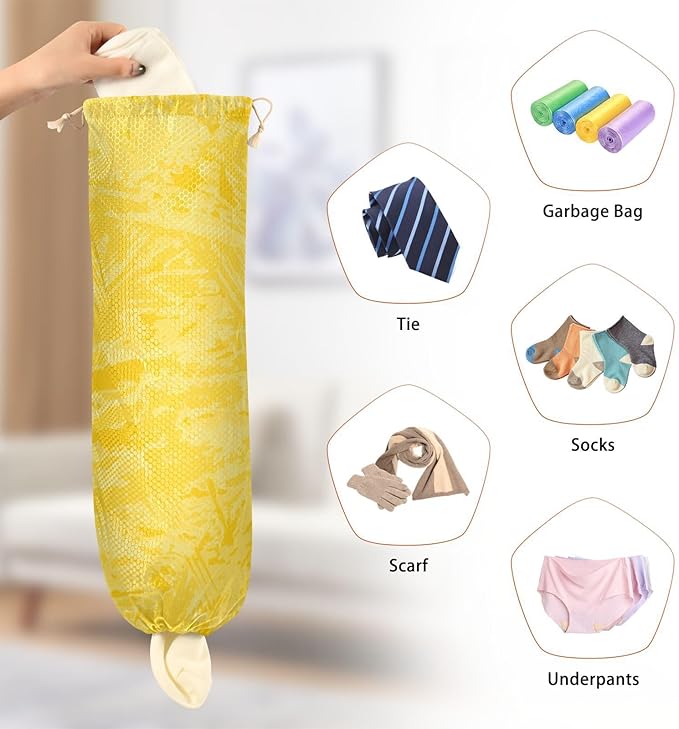 Plastic Bag Holder Wall Mount Grocery Bag Shopping Bag Storage Holder Organizer Dispenser with Adhesive Hook,for Kitchen Bathroom Home Decor 9x22 Inches Pure Yellow34