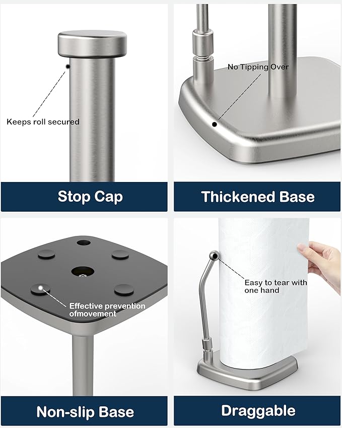 Paper Towel Holder Countertop, Paper Towel Dispenser Standing Weighted Base Non-Slip, Spring Arm Fit Most Size Paper Roll, Stainless Steel Paper Towel for Home Kitchen Tabletop, Sliver
