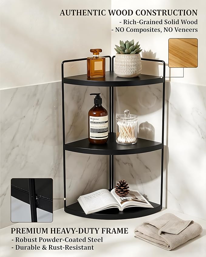 Corner Bathroom Countertop Organizer, 3-Tier Rustic Wood Corner Shelf with Sturdy Metal Frame, Waterproof Vanity Storage for Cosmetics & Toiletries, Space Saving Rack for Kitchen, Black