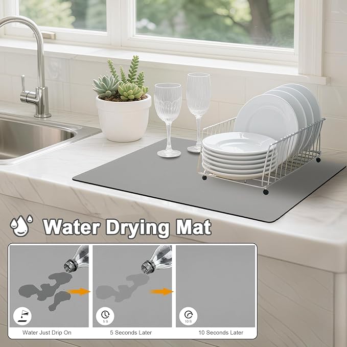 Dish Drying Mat & Coffee Mat for Kitchen Counter, Absorbent Microfiber Waterproof Mat with Non-Slip Backing, Multi-Size Multi-Color Options, Sink and Coffee Bar Accessories