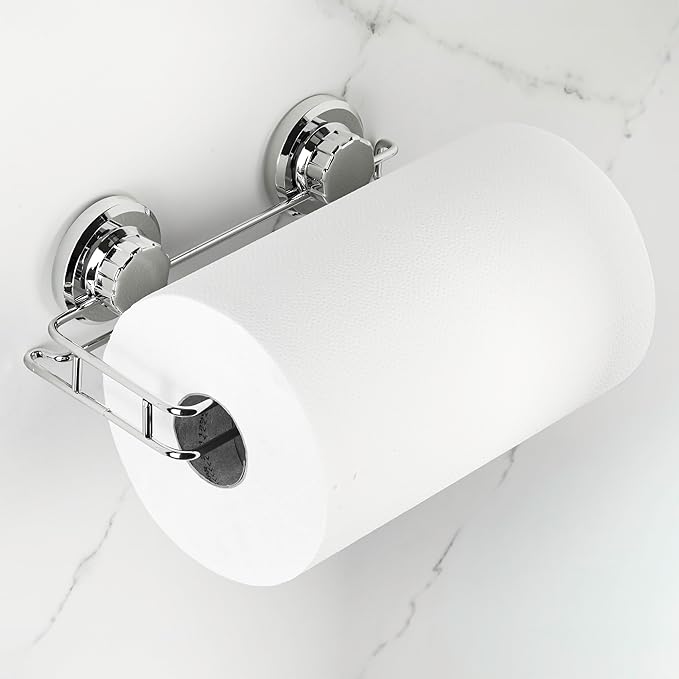 HASKO Suction Cup Paper Towel Holder, Wall Mount Metal Organizer for Bathroom & Kitchen, SUS 304 Stainless Steel Tissue Roll Hanger, Includes Optional No Drill Adhesive Mount, Silver