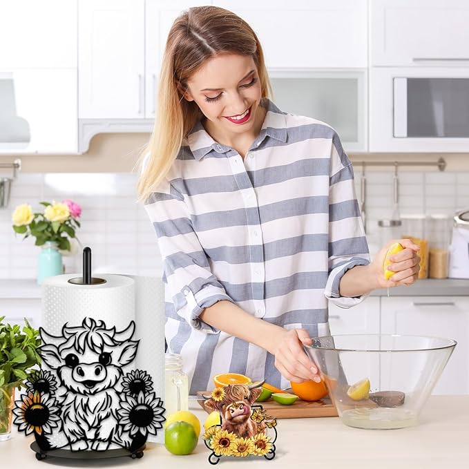 JarThenaAMCS Highland Cow Sunflower Paper Towel Holder Kitchen Decor Accessories Large Black Metal Towel Holder Stand for Farmhouse Home?Party Bathroom Countertop