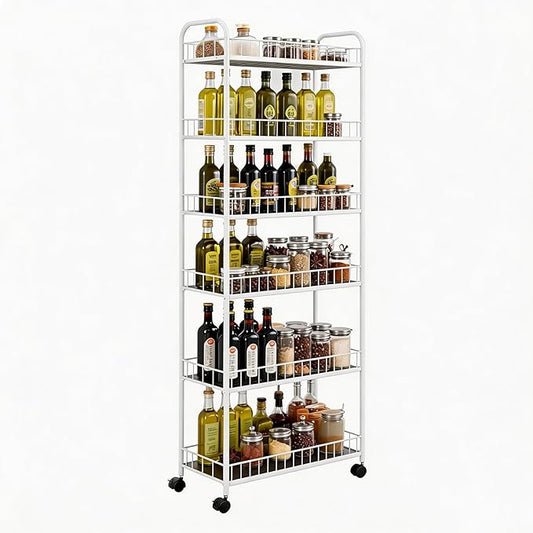 10in Slim Storage Cart, 6-Tier Narrow Rolling Shelf，Sturdy Slim Storage Ideal for Kitchen, Bathroom, and Laundry Room, Black (10in White)