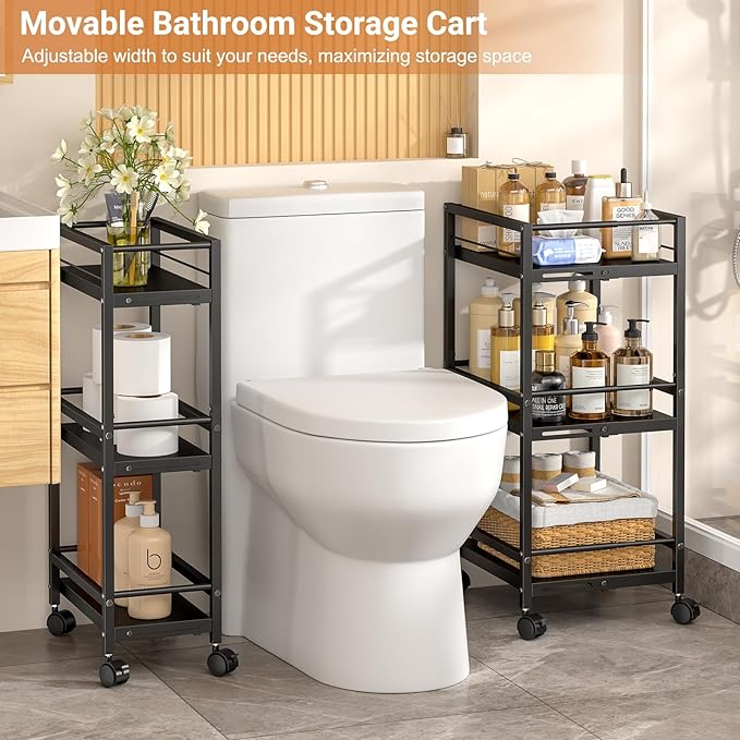 Expandable Slim Storage Cart for Small Space, 3-Tier Metal Rolling Kitchen Cart, Adjustable Narrow Laundry Cart, Small Shelving Unit with Wheels, Ideal for Kitchen Bathroom Laundry Room Living Room
