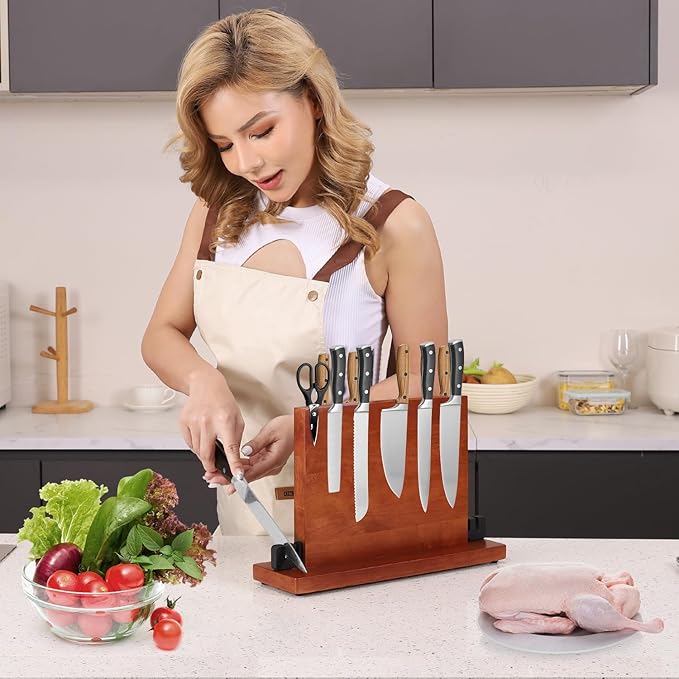 Magnetic Knife Block with Sharpener, Double-Sided Magnetic Holder & Knife Sharpening Stone,Wood Countertop Knives Block Holder,Knives Storage Organizer Rack, No Knives Included