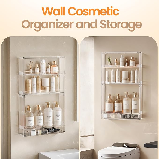 Shower Caddy Adhesive, X-Large Capacity Bathroom Organizers and Storage, No Drill Shower Organizer, Clear Wall-Mounted Bathroom Storage Shelf for Kitchen, RV, Cosmetic | Wall Mounted, No Drill, Display Case