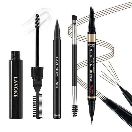 LAVONE Eyebrow Pencil Kit with Microblading Pen, Clear Gel, Eyeliner, Dual-ended Brush, Waterproof, Smudge Proof, Long Lasting Makeup Formula, Eyebrow Pencils for Women - Soft Brown