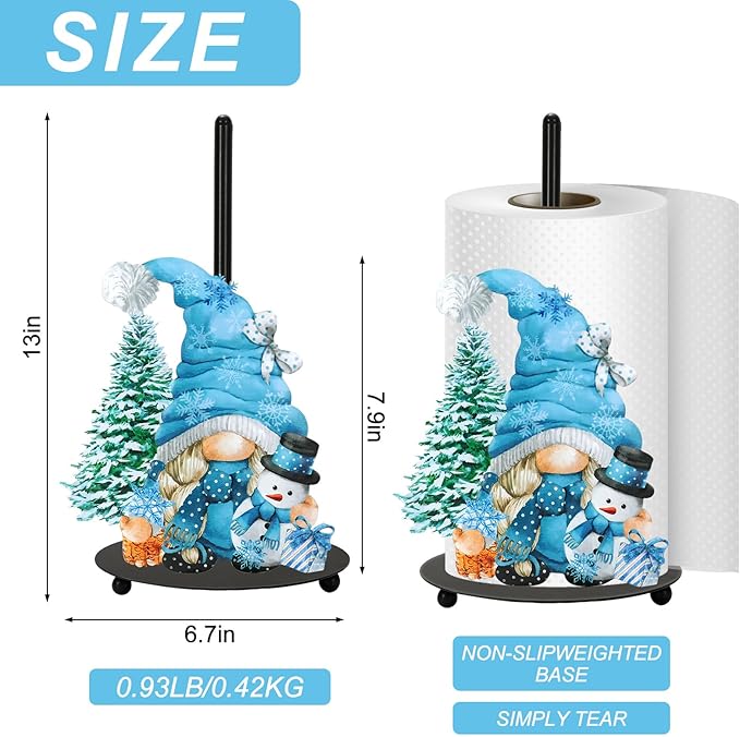 JarThenaAMCS Christmas Tree Paper Towel Holder Winter Gnome Snowman Kitchen Decor Blue Accessories Large Metal Towel Holder Stand for Xmas Home Bathroom Countertop