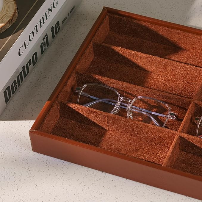 Glasses Holder Box Drawer Sunglass Organizer for Men Clear Wide Storage Case 8 Slots Multiple Reading Glasses Display, Brown Leather