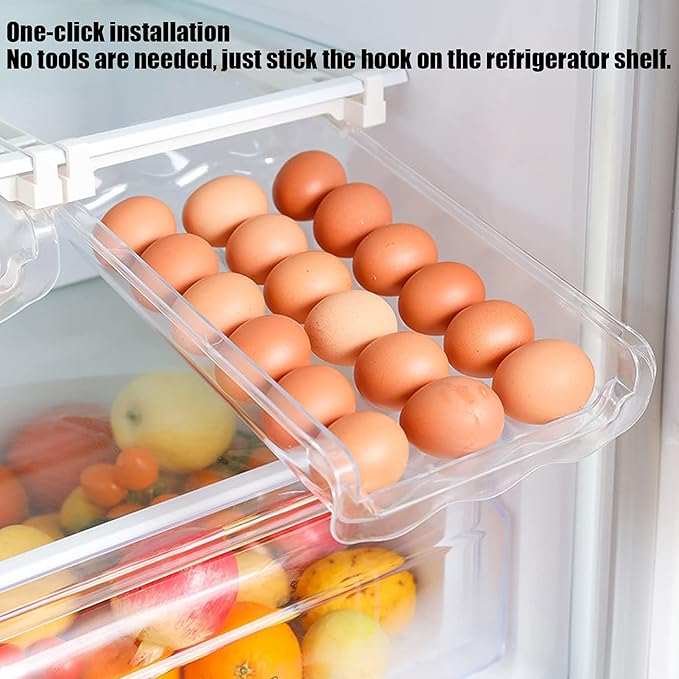 Egg Storage Container: Adjustable Pull Out Refrigerator Organizer, Durable ABS Plastic Egg Holder Holds 14 Eggs, Space Saving Fridge Drawer