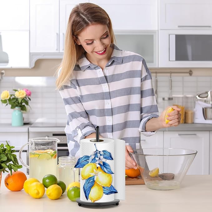 JarThenaAMCS Lemon Paper Towel Holder Yellow Lemon Blue Leaves Kitchen Decor Accessories Large Metal Towel Holder Stand for Summer Home Party Bathroom Countertop