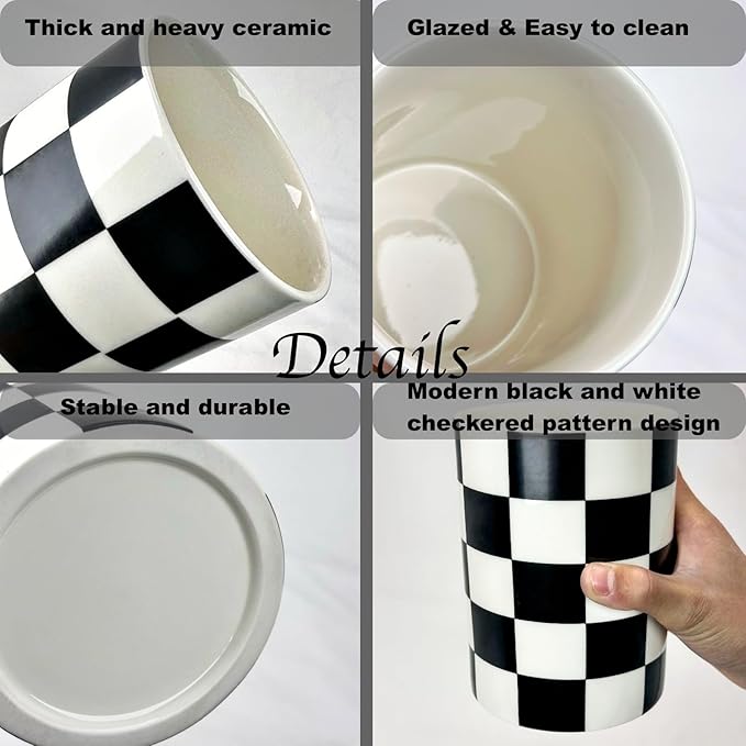 Checkered Utensil Holder, 4.13''x5.71 Utensils Caddy for Kitchen Counter, Medium Size Utensil Crock for Countertop, Utensils Organizer Storage for Parties Dining-Modern black and White