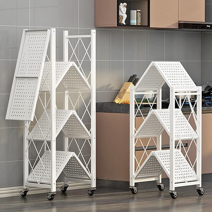 Foldable Storage Shelves with Wheels, Folding Shelving Units Storage, Heavy Duty Metal Collapsible Shelf No Assembly, Large Capacity Pop-Up Organizer for Garage,Kitchen,Living Room, 3-Tier White