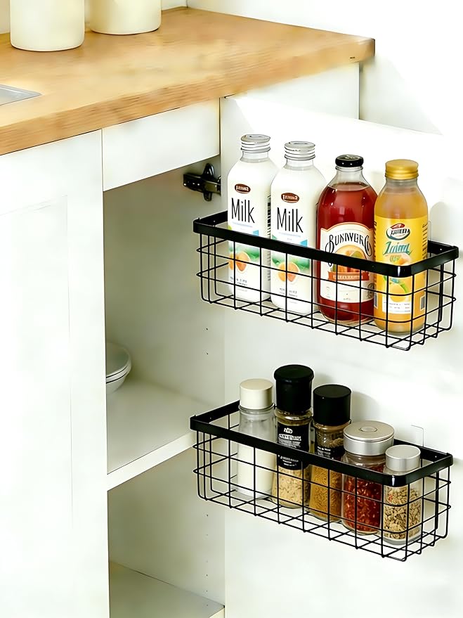YICKHEWEN Hanging Wire Storage Baskets, Metal Wall Organizer, Adhesive Wall Storage Shelves for Kitchen, Bathroom Pantry (Spice Rack, Cabinet Organizer, Shower Caddy) Black-2 Packs