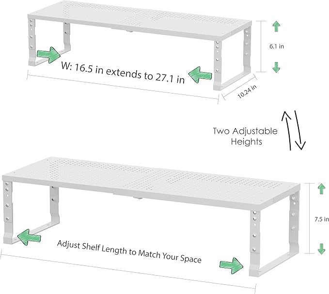 Flat Top Storage Rack - Expandable 16.5"~27" W Countertop Space Saver, Heavy-Duty Steel Construction, Powder Coated Finish for Kitchens, Bathrooms, Workshops or Offices