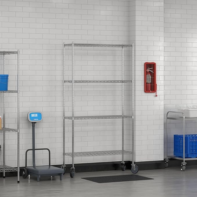 Commercial NSF Listed Chrome Mobile Wire Shelving Kit 14" x 42" x 80", with 4 Shelves Perfect for Warehouse, Walk-in Refrigerator, Freezer, Grocery Store, Restaurant, Dishroom