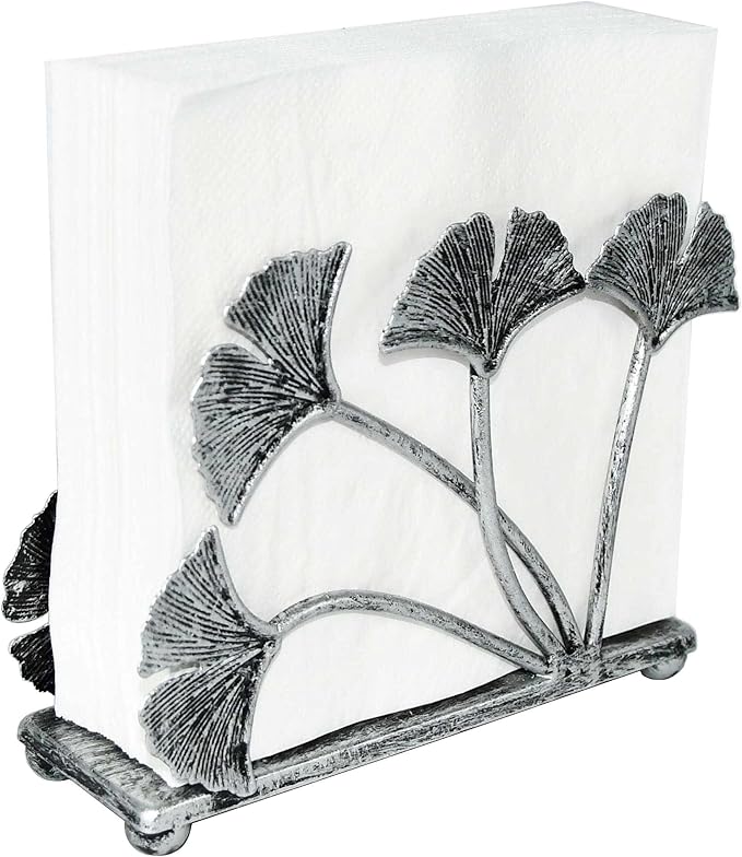 OwlGift Modern Ginkgo Leaves Design Napkin Holder for Tables, Metal Paper Napkin Storage for Kitchen, Stylish Paper Towel Dispenser, Mail Letter Sorter Rack, Document File Organizer – Silver