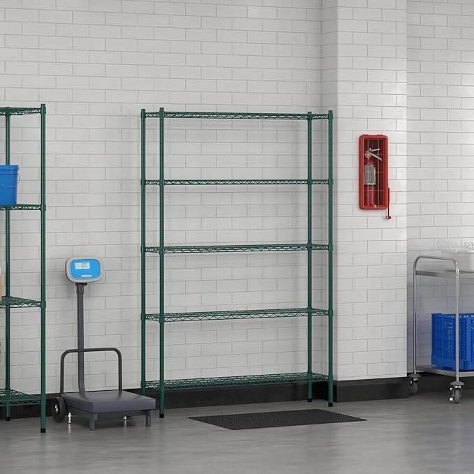 Commercial NSF Listed Green Epoxy Stationary Wire Shelving Kit 12" x 48" x 74", with 5 Shelves Perfect for Warehouse, Walk-in Refrigerator, Freezer, Grocery Store, Restaurant, Dishroom