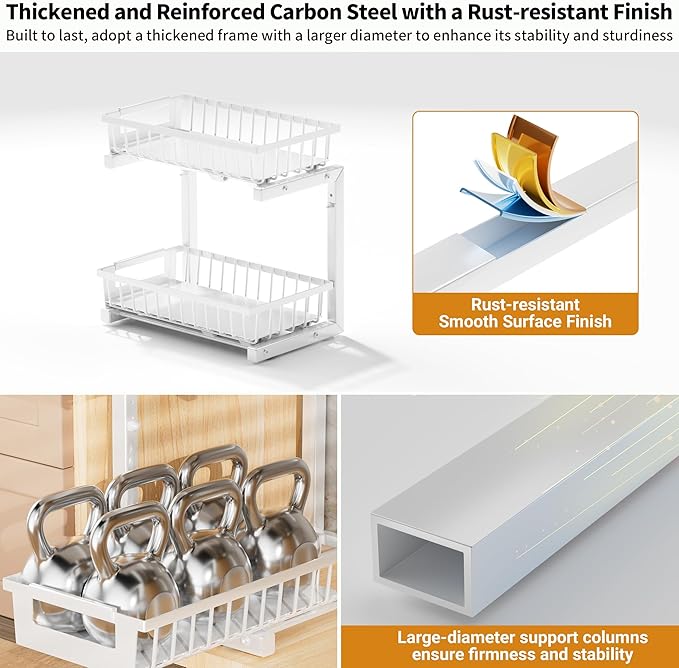 TOFWOF Under Sink Organizer 2 Pack, 2 Tier Adjustable Height Reinforced Carbon Steel Under Kitchen Bathroom Sink Storage Organizer, Smooth Pull-Out Under Sink Cabinet Rack Drawer Organizer, White