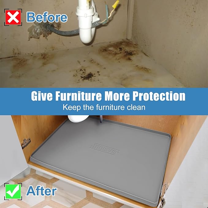 BEESVO Under Sink Mat for Kitchen Waterproof, 22" x 19" Silicone Under Sink Liner Kitchen & Bathroom Cabinet Protector Mats, Heavy Duty Flexible Under Sink Drip Tray with Lip, Cool Grey
