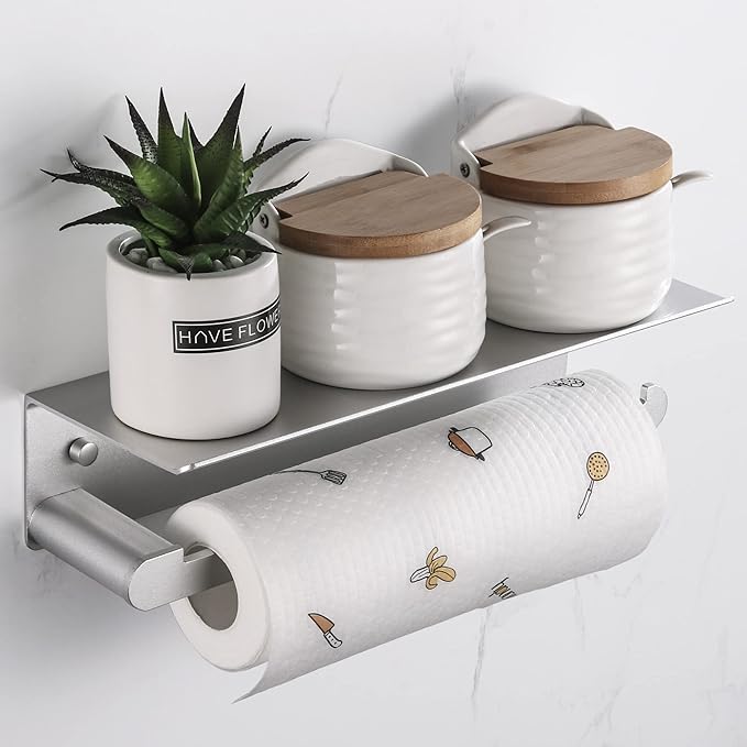 Paper Towel Holder with Shelf for Kitchen, Paper Towel Holder Wall Mount for Bathroom, Self-Adhesive Anti-Rust Aluminum, No Drill or Wall-Mounted with Screws (Dull Polished Silver)