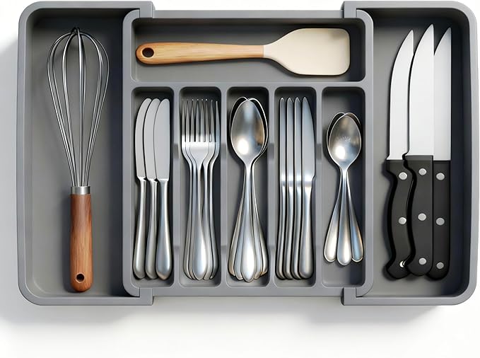 Expandable Large Silverware Tray For Drawer Organizer, Kitchen Cooking Utensil Drawer Organizer For Spoons Forks Knives, Adjustable Cutlery Flatware Holder 13"-22.4" X 14.7" X 2" (Gray)
