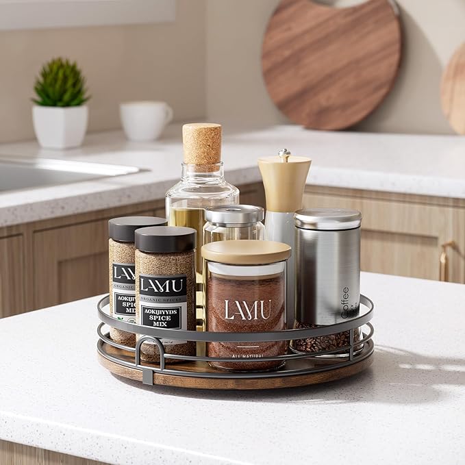 LAMU 9'' Lazy Susan Turntable Organizer for Cabinet, Round Wood Lazy Susan for Table Top, Kitchen, Countertop, Pantry, Spice, Bathroom Vanity, Coffee, Decor