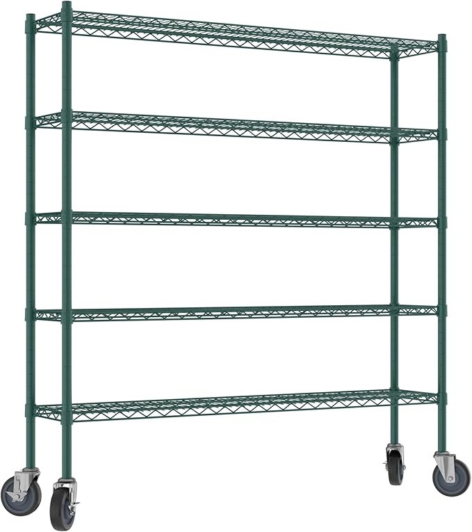 Commercial NSF Listed Green Epoxy Mobile Wire Shelving Kit 12" x 54" x 60", with 5 Shelves Perfect for Warehouse, Walk-in Refrigerator, Freezer, Grocery Store, Restaurant, Dishroom