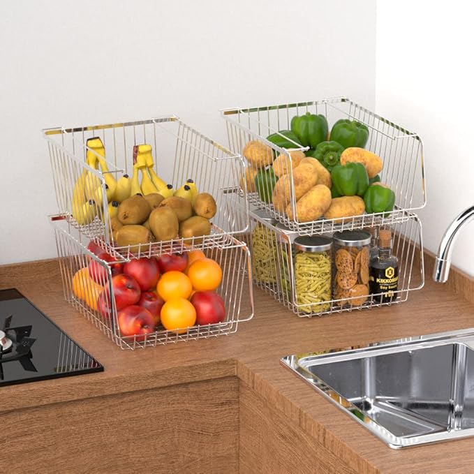 Wire Storage Baskets Stackable Refrigerator Organizer Bins Sturdy Metal Wire Bin Baskets Organization Baskets for Storage with Handles for Kitchen, Closets, Bathroom, Cabinets -Set of 3