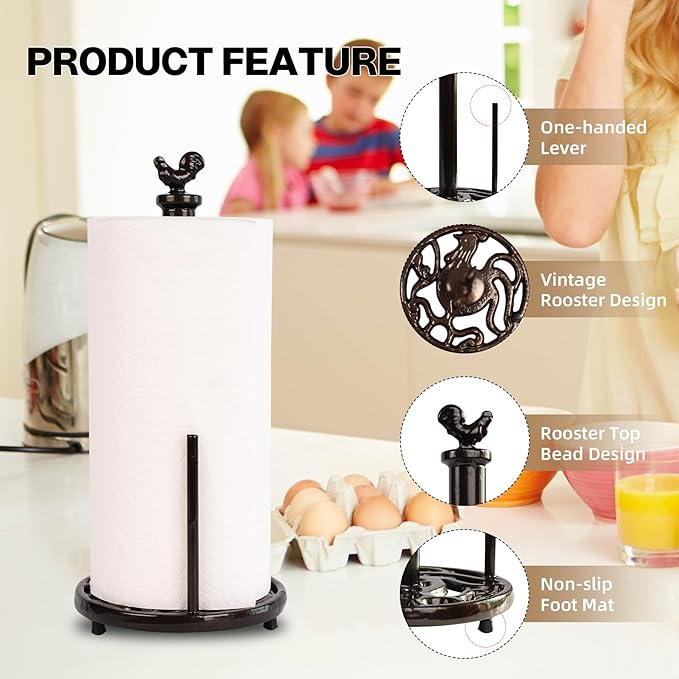 Vintage Rooster Paper Towel Holder - Easy One Handed Tear Cast Iron Roll Paper Towel Dispenser Countertop, Coffee Gold