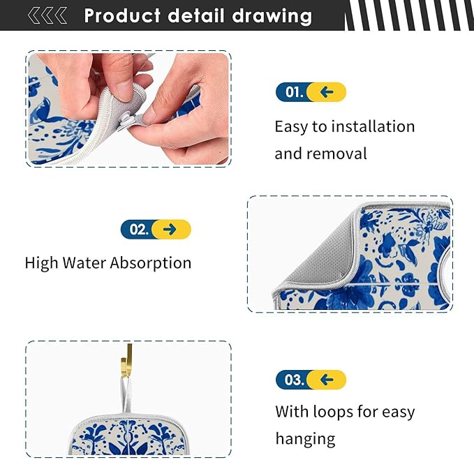 2 PCS Kitchen Sink Splash Guard 30 Inch Faucet Mat for Kitchen Sink Bathroom Sink Faucet Absorbing Drip Drain Mat Pad Microfiber Soft Washable Floral Blue and White Tile