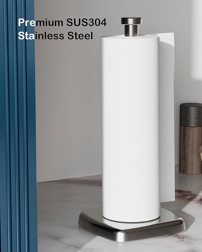 Paper Towel Holder Countertop, Paper Towel Dispenser Standing Weighted Base Non-Slip, Fit Most Size Tissue Roll, Stainless Steel Paper Towel for Home Kitchen Countertop Tabletop, Sliver