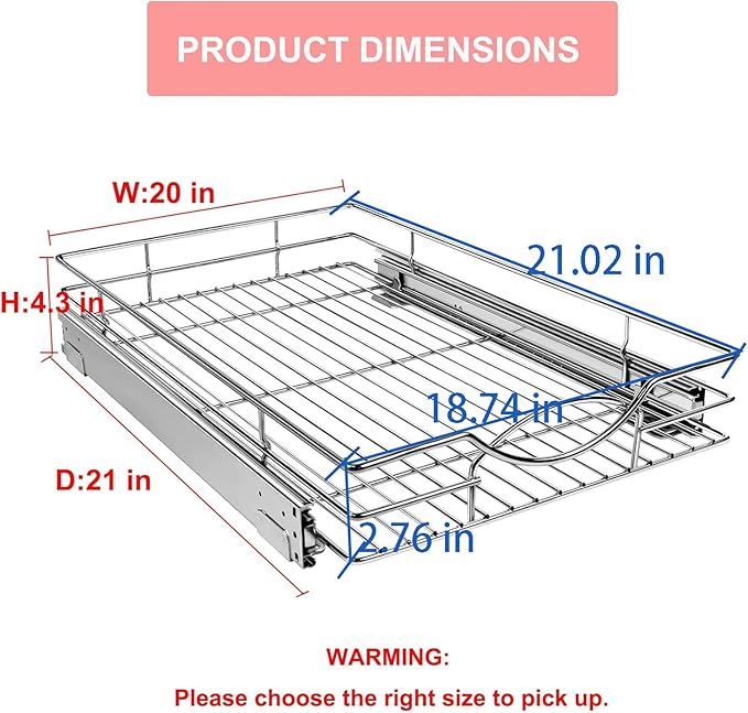 Pull Out Cabinet Organizer 20" W x 21" D, Heavy Duty Kitchen Cabinet Pull Out Shelves, Slide Out Wire Basket for Kitchen Cabinets, Bathroom, Pantry, Chrome Finish
