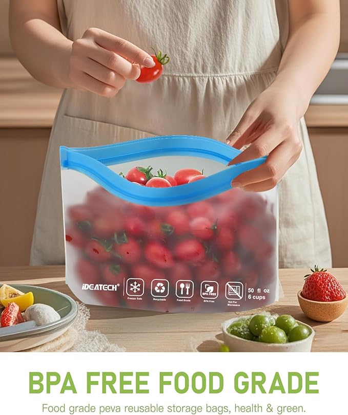 IDEATECH Gallon Freezer Food Containers, BPA Free PEVA Reusable Gallon Bags, Sandwich Bags, Lunch Baggies, Travel Healthy Food (Grey, 8Pack-8Gallon)