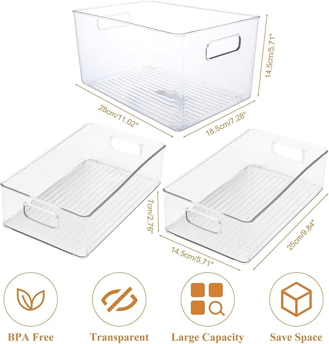 3 Pack Clear Plastic Storage Bins, Large Pantry Organizer Basket with Handle, BPA Free Storage Containers for Fridge, Closet, Bathroom, Under Sink and Kitchen Organization