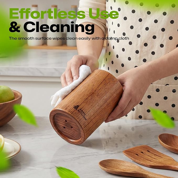 AIUHI Wood Utensil Holder for Kitchen Counter, Wooden Utensil Crock, Kitchen Utensil Organizer, 5.9"x 3.5" Large Spatula and Spoon Holders
