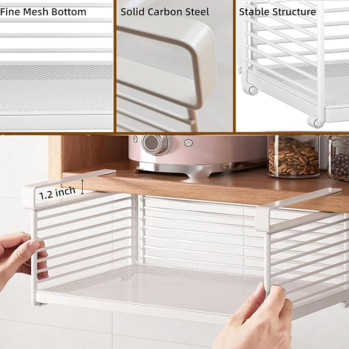 Under Shelf Basket - Heavy Duty Slide-In Metal Wire Hanging Organizer, Space Saving Storage Rack for Kitchen Cabinet, Pantry, Closet, Office (White)